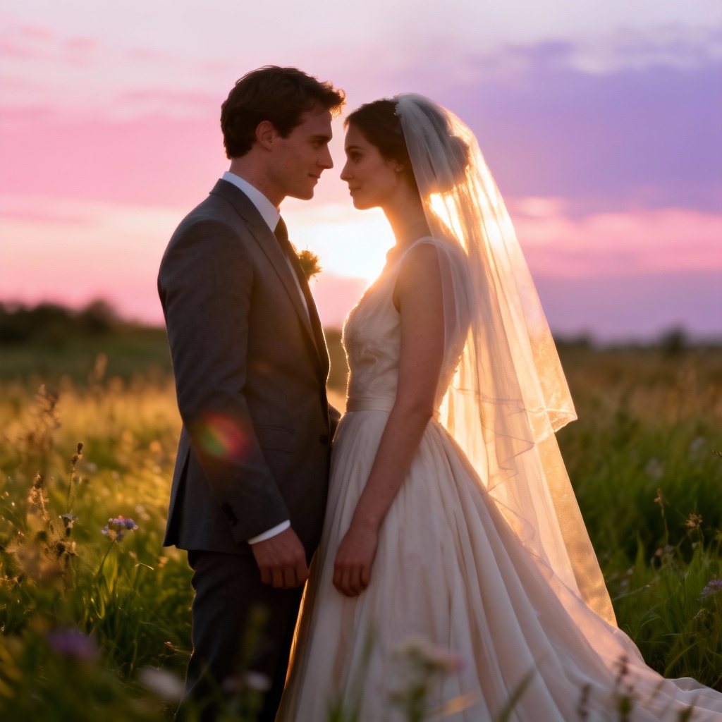 AI golden hour wedding portrait with glowing veil and soft flare
