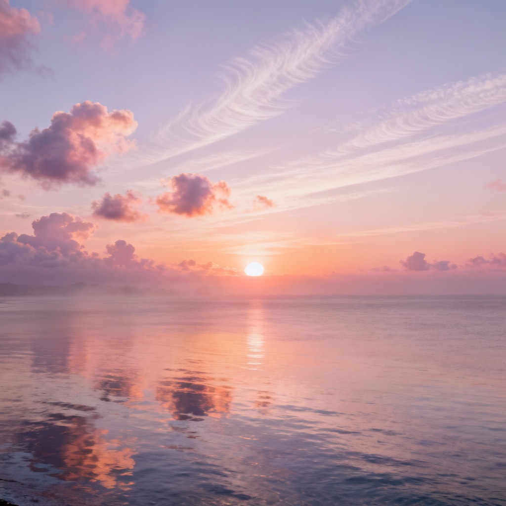 AI coastal sunrise with scattered cumulus and soft cirrus