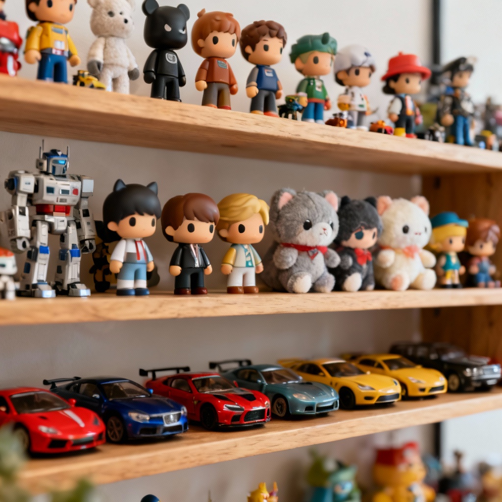 AI generated toy collection on a colorful collector shelf