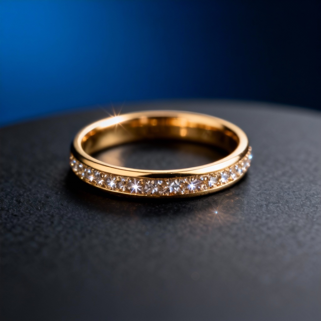 Macro product photo of gold ring with soft reflections on matte backdrop