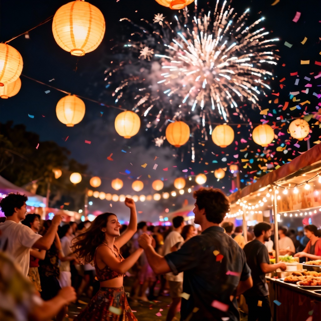 AI festival scene with lanterns, fireworks, and dancing crowd