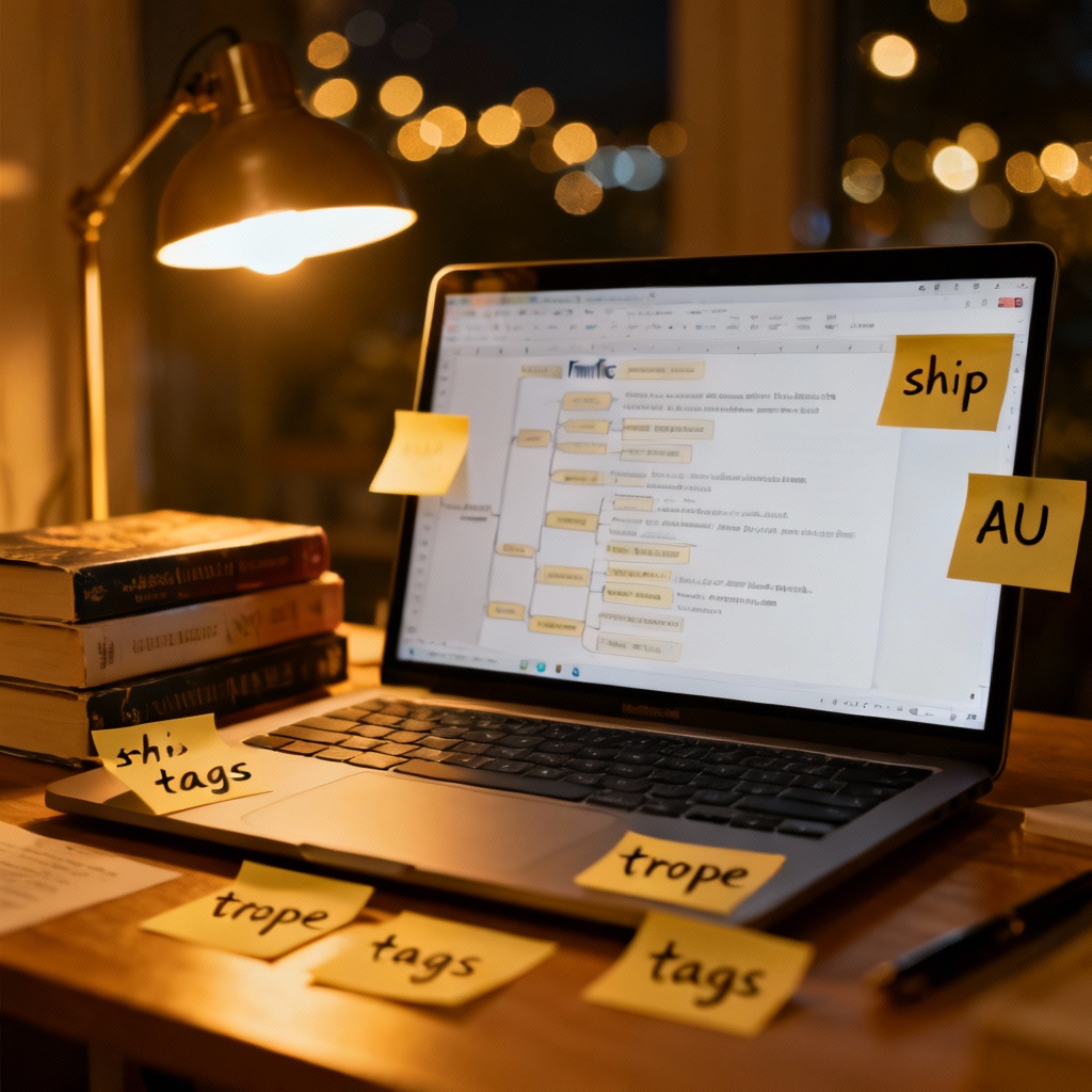 AI fanfic writer workspace with laptop, notes, and books