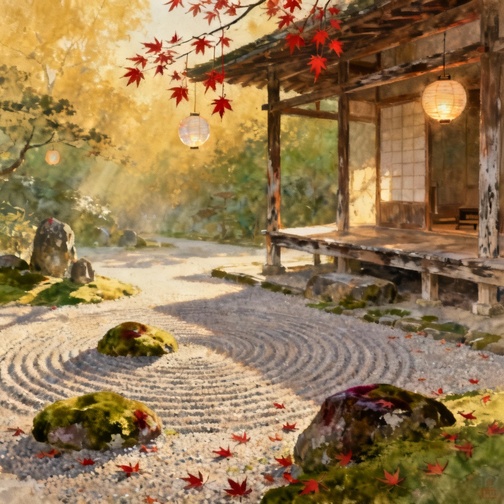 AI Edo period Zen garden with maple trees and lanterns