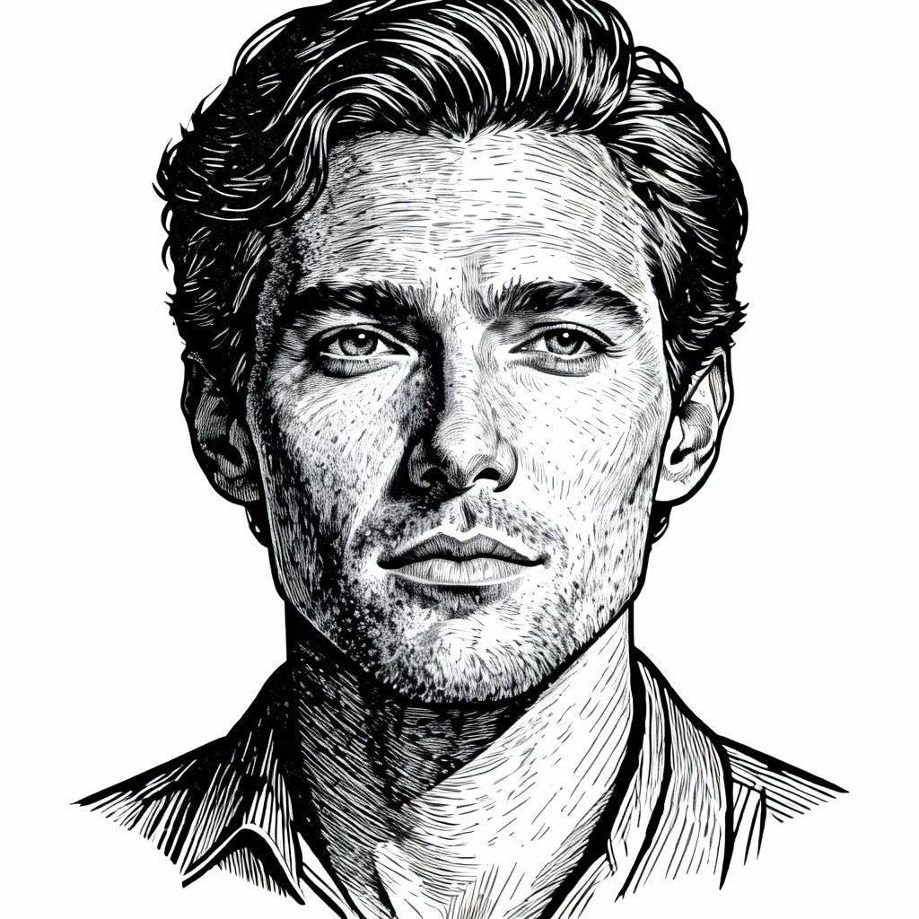 AI Engraving Generator hero image showing a line and stipple portrait
