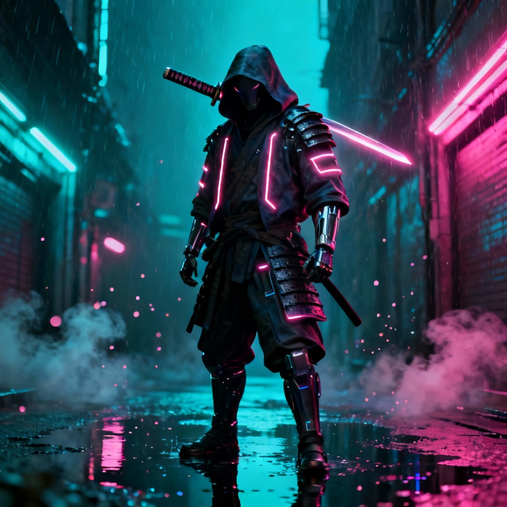 Cyberpunk street ronin character figure with neon accents