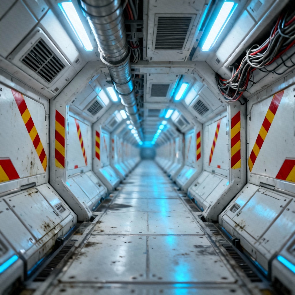 AI sci fi spaceship corridor with panels and pipes