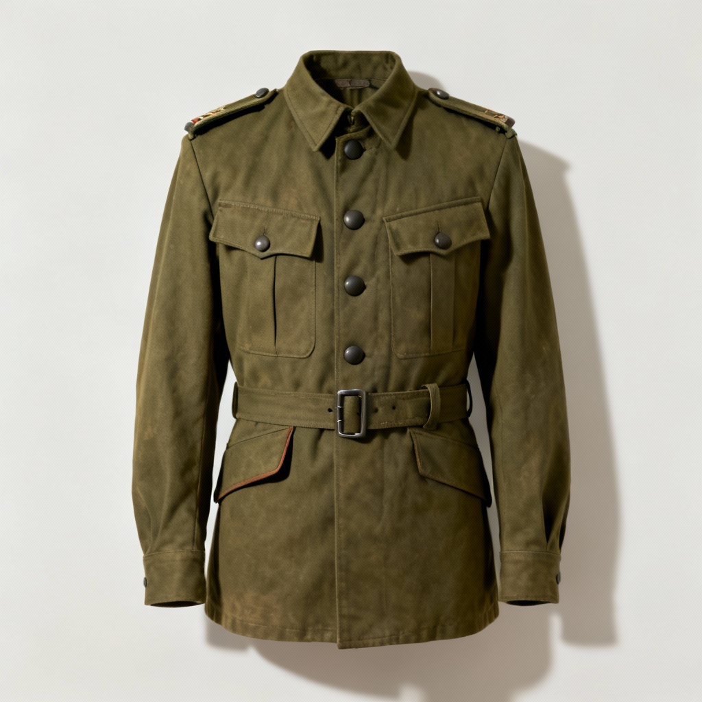 AI olive military-inspired trench coat with epaulettes and gun flap