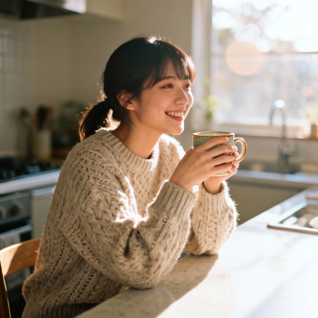 AI girl next door making coffee in a sunlit kitchen