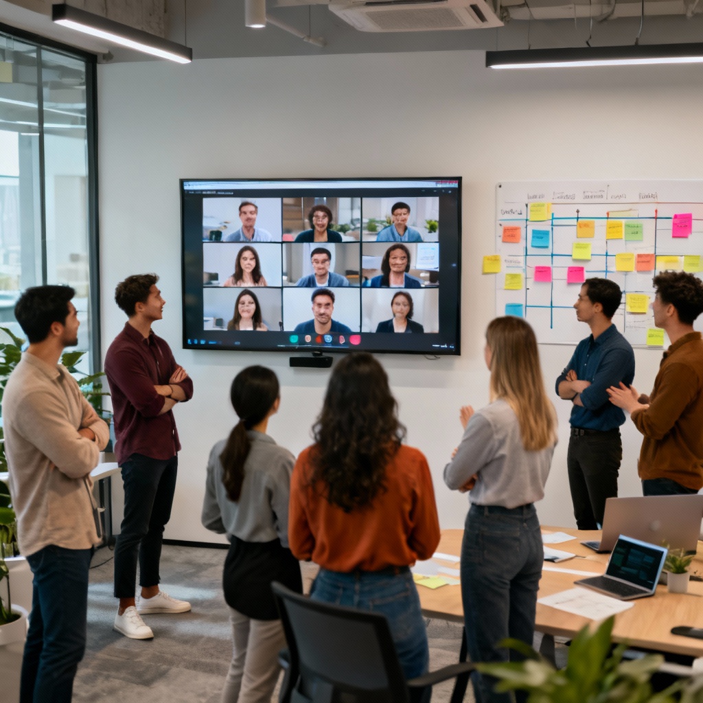 AI hybrid stand-up with video call screen