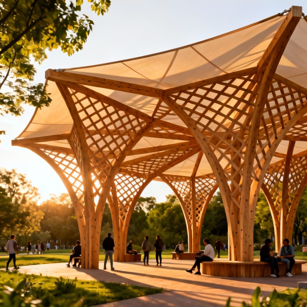 AI wooden parametric pavilion in a public park