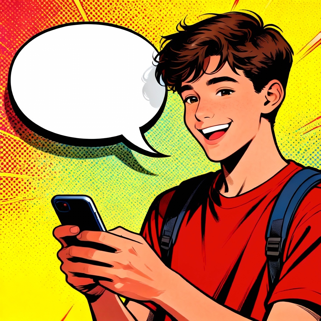 Student holding phone with bold comic speech bubble overlay