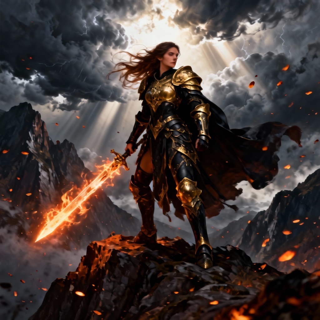 AI Female Hero fantasy warrior with flaming sword